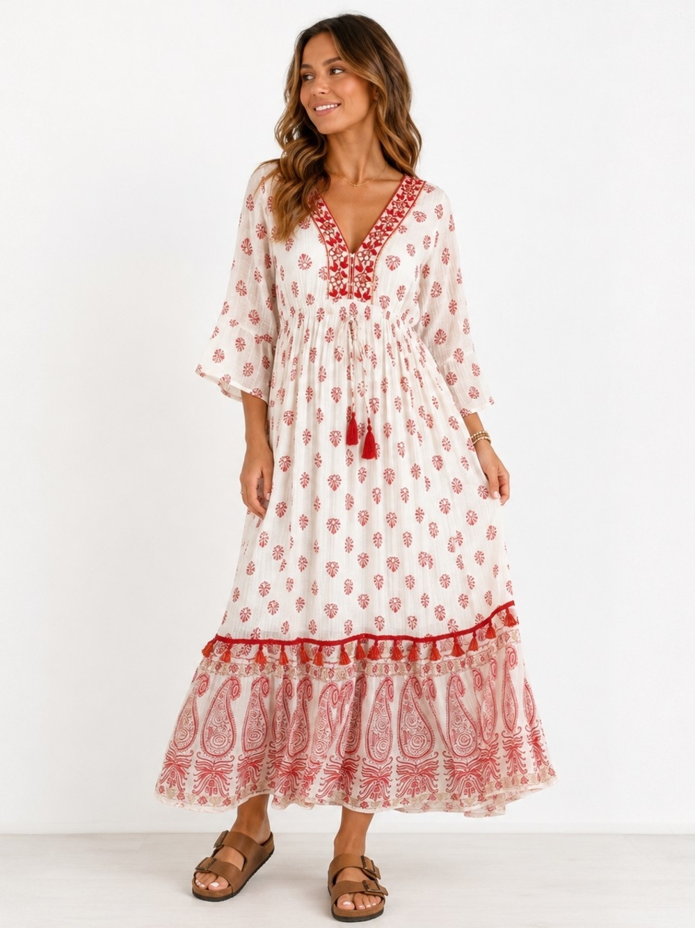 Women's Red & Cream Printed Maxi Dress with Tassel Tie